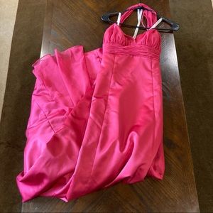 David’s Bridal floor length bridesmaid dress pink watermelon